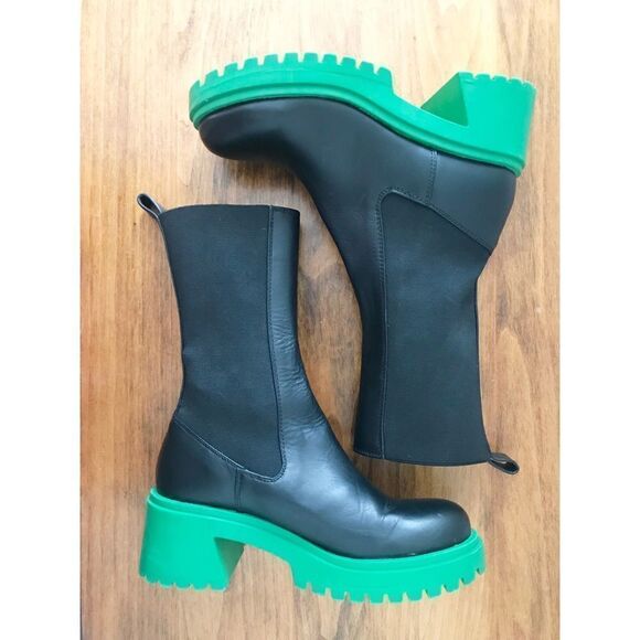 STEVE MADDEN Hesitant Black Leather Platform Boot Midi Green Lug Sole Size 6 New - Picture 8 of 15